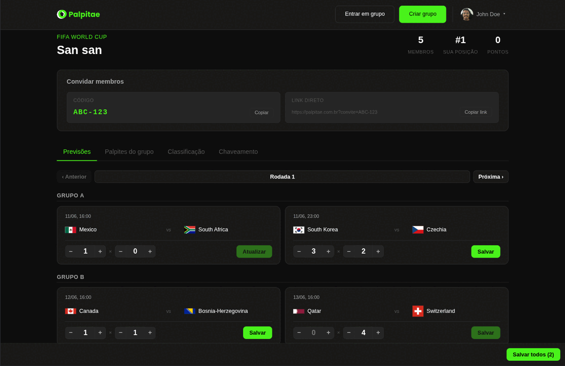 Tela de previsões com cards de jogos e seletores de placar